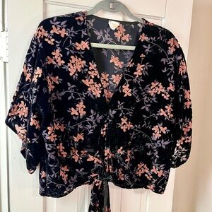 By Together Black Velvet Floral Tie-Front Blouse with Pink Flowers